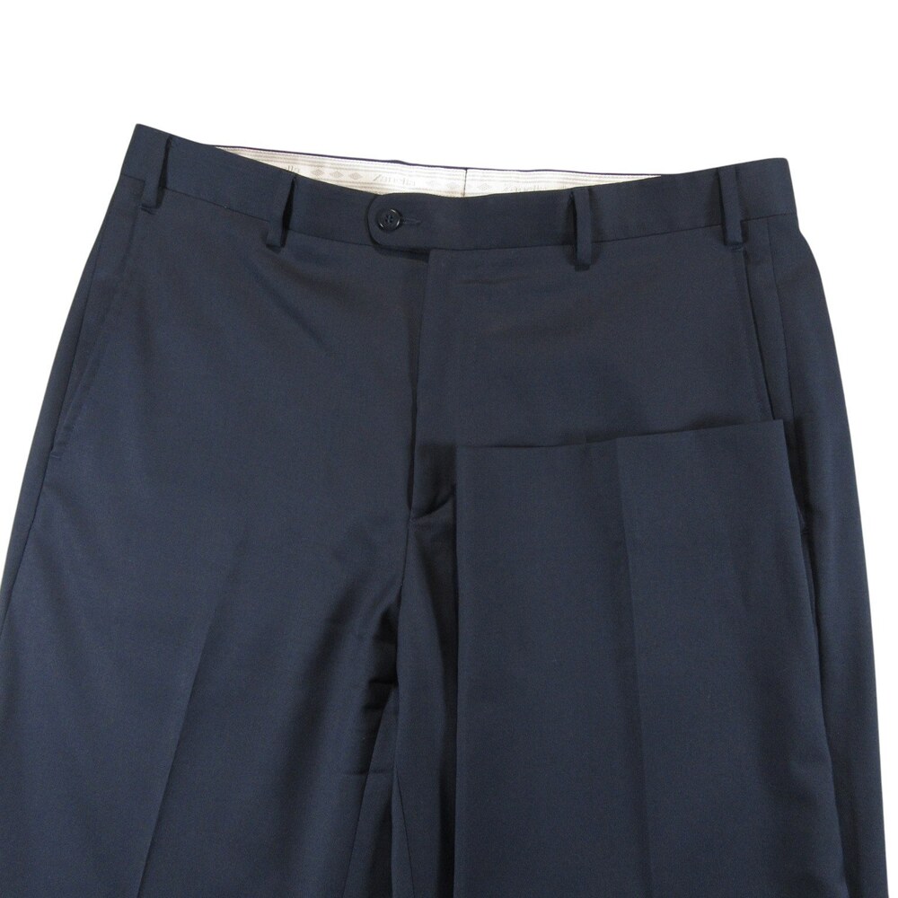 Zanella Mens Dress Pants 35 x 32 Navy Blue Wool Flat Front Pocket Zipper Pockets
